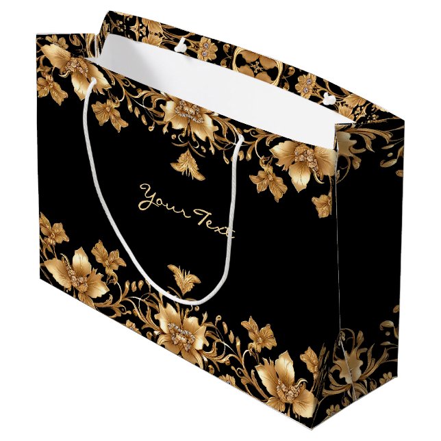 Sac Cadeau Floral Orné Noir Or (Dos Angle)
