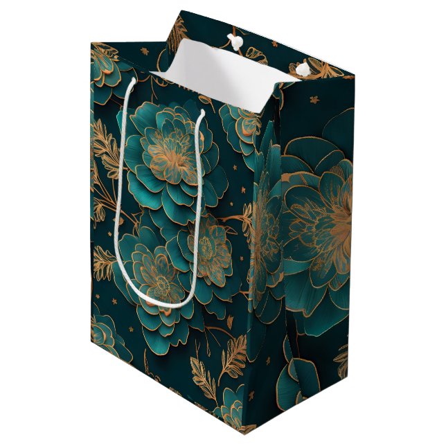 Sac cadeau Floral Turquoise & Bronze (Devant Angle)