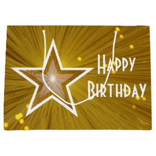 Sac Cadeau Gold Star print Joyeux anniversaire blanc grand