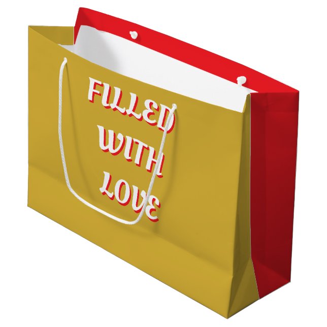Sac Cadeau Grand Format Or Rouge Rempli D'Amour (Devant Angle)