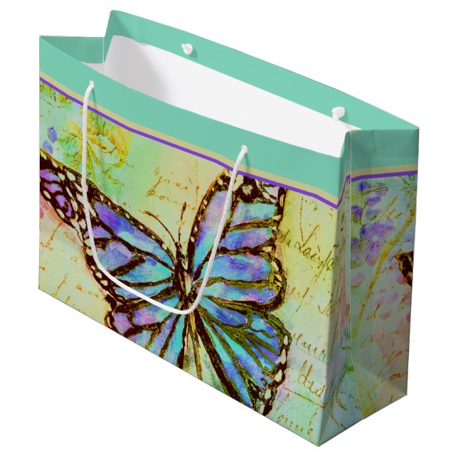 Sac cadeau grand format papillon sarcelle et viole (Devant Angle)