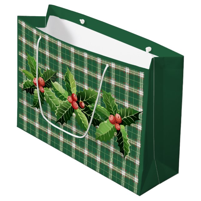 Sac cadeau grand plaid vert blanc de Noël (Devant Angle)