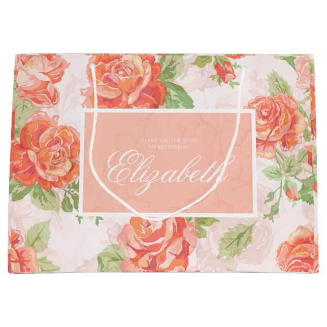 Sac cadeau grand rose floral orange (Devant)