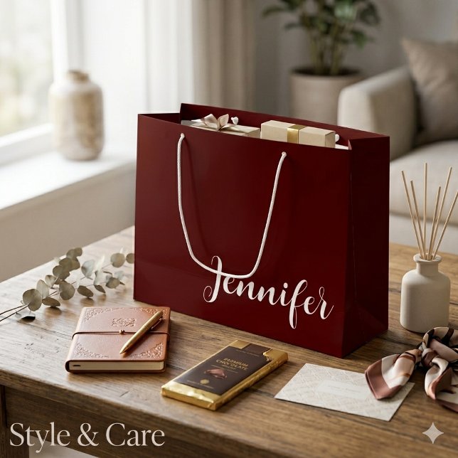 Sac cadeau grande taille marron uni avec nom perso (Solid Maroon Large Gift Bag with Custom Name)