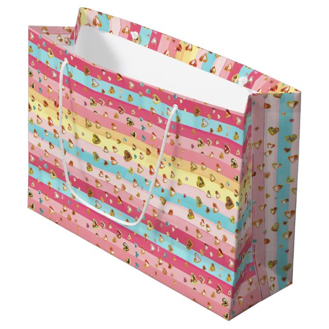 Sac cadeau grande taille Pastel Rainbow & Hearts (Devant Angle)