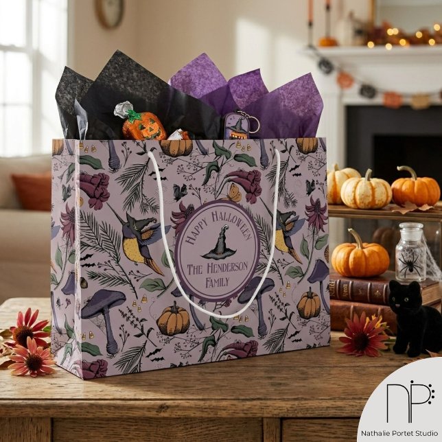Sac Cadeau Jardin Colibri Spooky Prune (Hand drawn hummingbird and wildflower ink art gift bag with a chic noir aesthetic)