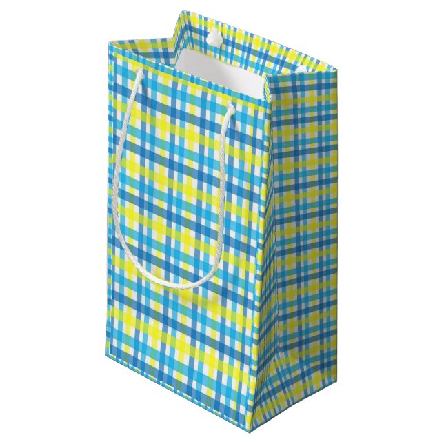 Sac cadeau Jaune et bleu Plaid (Devant Angle)