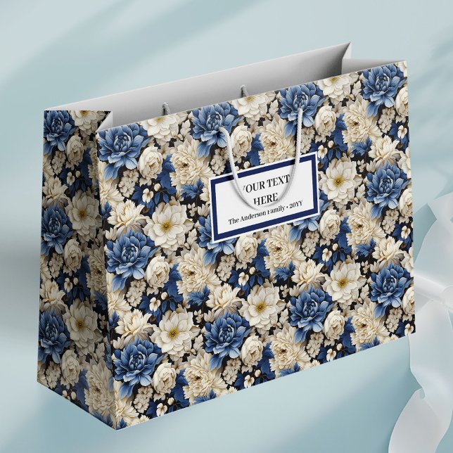 Sac Cadeau Luxe Fleurs Ivoire Blanc Marine Premium (Premium Navy White Ivory Floral Luxury Gift Bag)