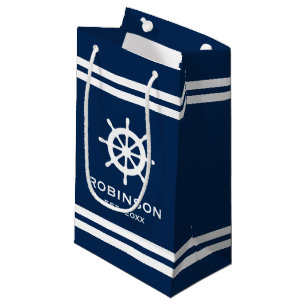 Sac cadeau mariage bleu marine marine et blanc ray