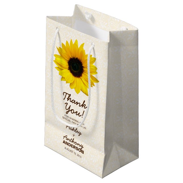 Sac cadeau mariage Tournesol Jaune Dentelle Brown (Devant Angle)