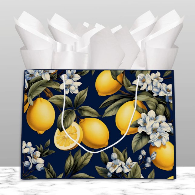 Sac Cadeau Marin Citrons et Fleurs de Méditerranée (Mediterranean Lemons and Blossoms on Navy Gift Bag for Italian and Sicilian celebrations)