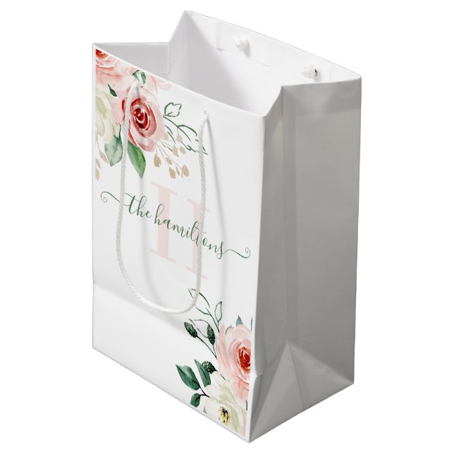 Sac cadeau monogramme photo Aquarelle rose rose (Devant Angle)