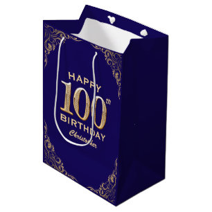 Sac Cadeau Moyen 100e anniversaire Parties scintillant bleu et or d