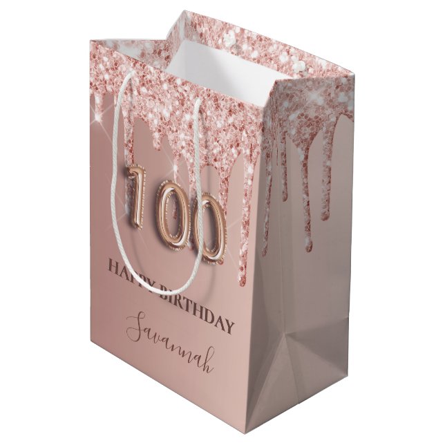 Sac Cadeau Moyen 100e anniversaire rose or parties scintillant ball (Dos Angle)