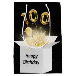 Sac Cadeau Moyen 100e Ballons d'anniversaire en or en boîte blanche