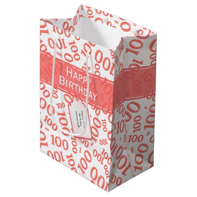 Sac Cadeau Moyen 100th Birthday Coral/White Random Number Pattern (Devant Angle)