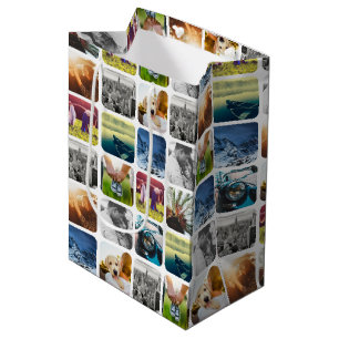 Sac Cadeau Moyen 10 Modèle de grille photo Carré arrondi blanc