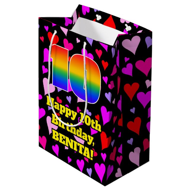 Sac Cadeau Moyen 10e anniversaire : Amour Hearts Motif, Arc-en-ciel (Dos Angle)