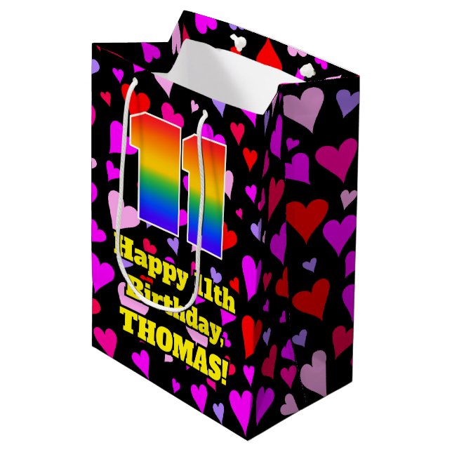 Sac Cadeau Moyen 11e anniversaire : Amour Hearts Motif, Arc-en-ciel (Devant Angle)
