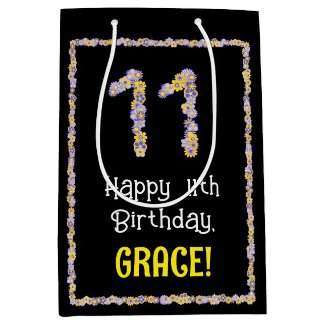 Sac Cadeau Moyen 11e anniversaire : Floral Flowers Numéro, Nom pers (Devant)