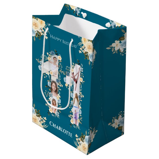 Sac Cadeau Moyen 11e anniversaire Photo Collage Turquoise Fleur Jau (Devant Angle)