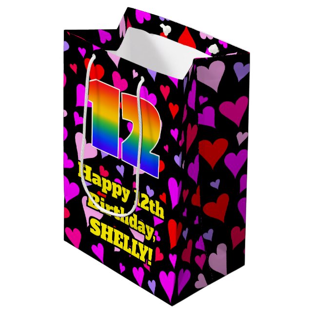 Sac Cadeau Moyen 12e anniversaire : Amour Hearts Motif, Arc-en-ciel (Devant Angle)