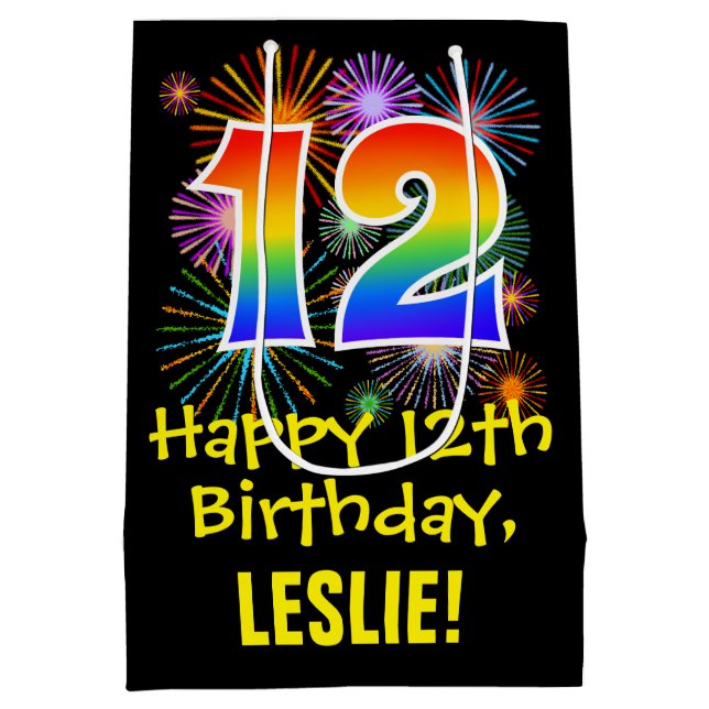 Sac Cadeau Moyen 12ème anniversaire : Fun Motif feux d'artifice + A (Dos)