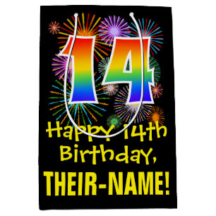 Sac Cadeau Moyen 14ème anniversaire : Fun Fireworks Motif + Rainbow