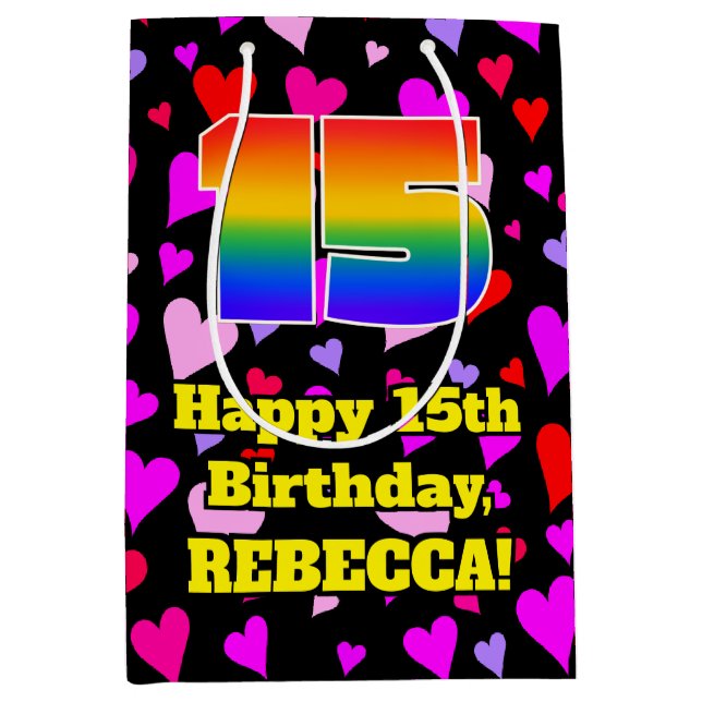 Sac Cadeau Moyen 15e anniversaire : Amour Hearts Motif, Arc-en-ciel (Devant)