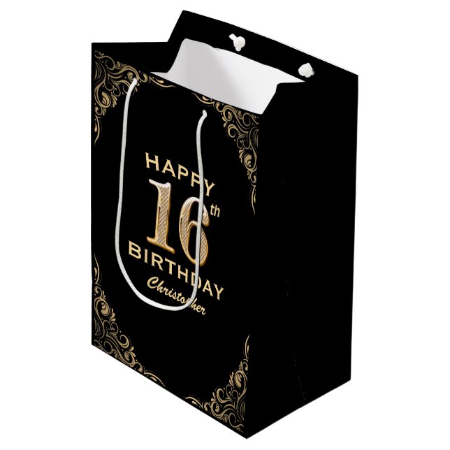 Sac Cadeau Moyen 16e anniversaire de la Parties scintillant Noir et (Devant Angle)