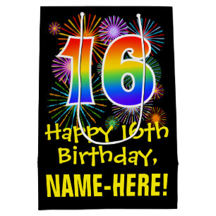 Sac Cadeau Moyen 16e anniversaire : Fun Fireworks Motif + Rainbow 1