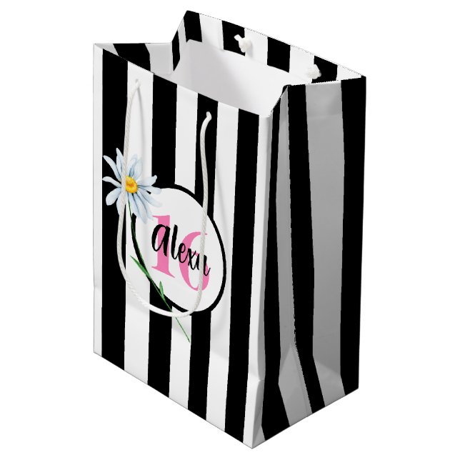 Sac Cadeau Moyen 16e anniversaire Grandes bandes noires et blanches (Devant Angle)