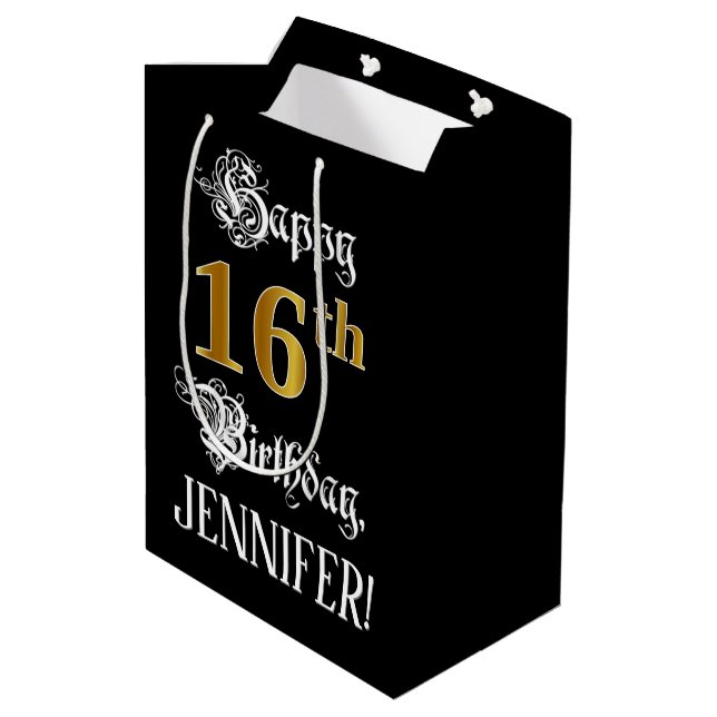 Sac Cadeau Moyen 16e anniversaire ~ Script fantaisie; Faux Gold Loo (Dos Angle)