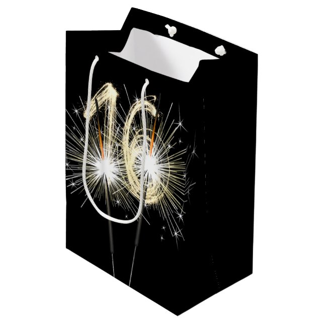 Sac Cadeau Moyen 16e anniversaire Sparklers en noir (Devant Angle)