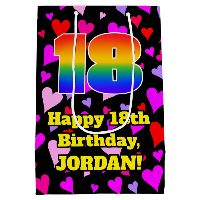 Sac Cadeau Moyen 18e anniversaire : Amour Hearts Motif, Arc-en-ciel (Dos)