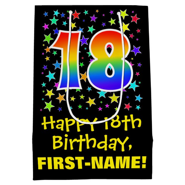 Sac Cadeau Moyen 18e anniversaire : Etoiles colorées Motif & Arc-en (Dos)