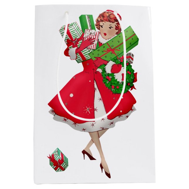 Sac Cadeau Moyen 1950 Dame de Noël achète des cadeaux  (Devant)