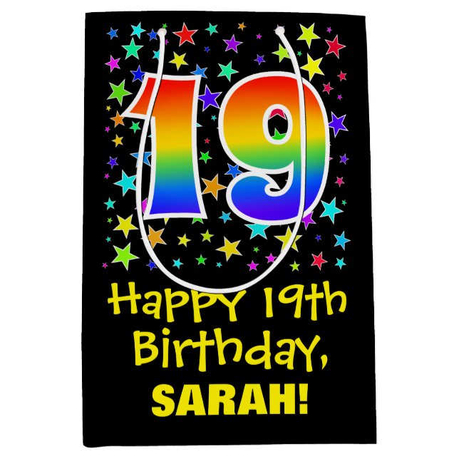 Sac Cadeau Moyen 19e anniversaire : Colorful Stars Motif & Rainbow  (Devant)