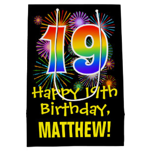 Sac Cadeau Moyen 19e Anniversaire : Motif de Feu d'Artifice Amusant