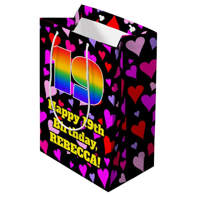 Sac Cadeau Moyen 19e Birthday: Patters de Loving Hearts, Rainbow #  (Dos Angle)