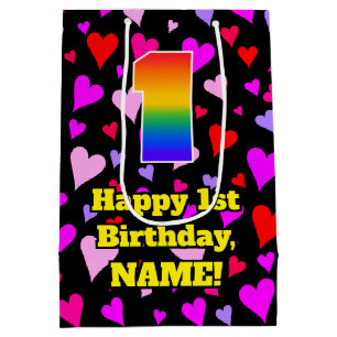 Sac Cadeau Moyen 1er anniversaire : Amour Coeurs Motif, Arc-en-ciel