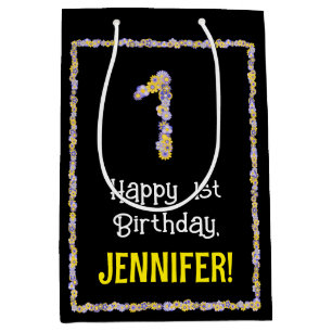 Sac Cadeau Moyen 1er anniversaire : Floral Flowers Numéro, Nom pers