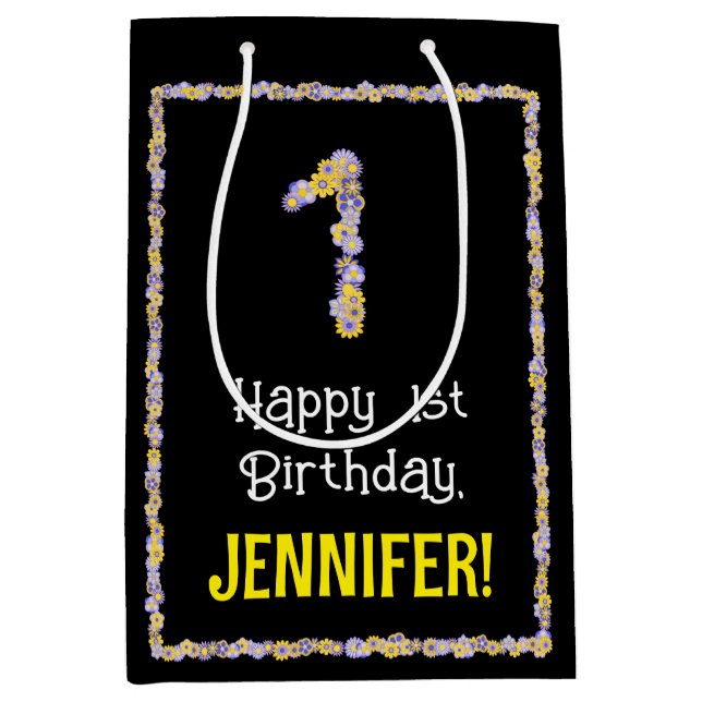 Sac Cadeau Moyen 1er anniversaire : Floral Flowers Numéro, Nom pers (Devant)