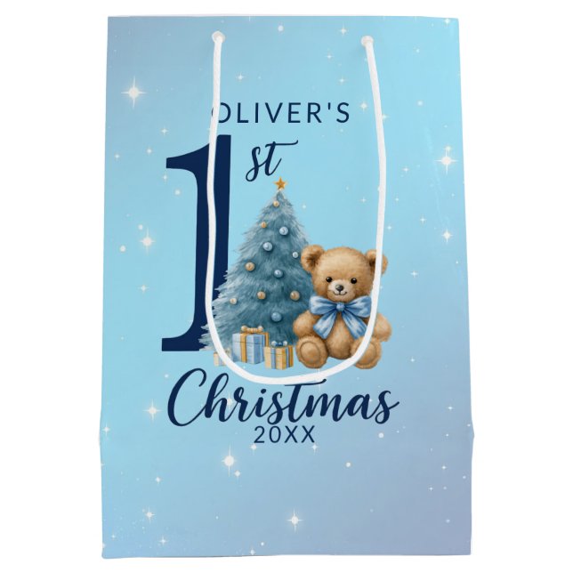 Sac Cadeau Moyen 1ère Ours en peluche de Noël avec arbre bleu (Dos)