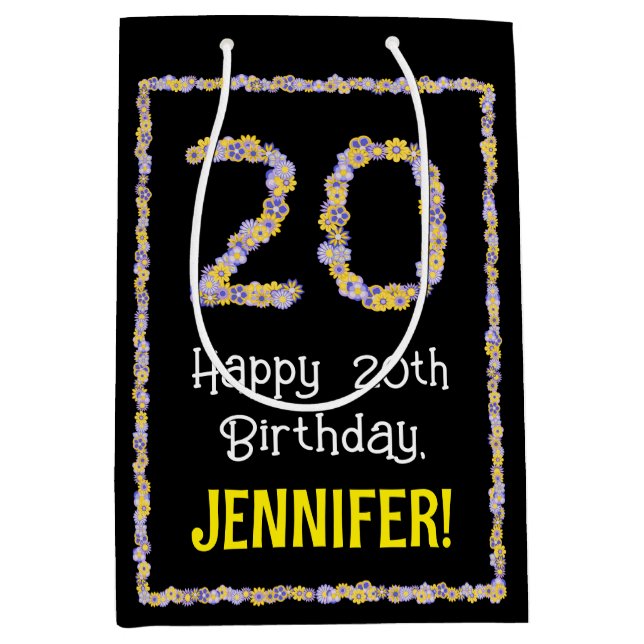 Sac Cadeau Moyen 20e anniversaire : Floral Flowers Numéro, Nom pers (Devant)