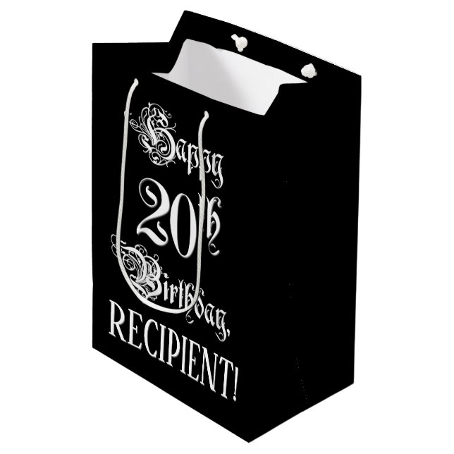 Sac Cadeau Moyen 20e anniversaire : Soigné, Élégant Script + Nom pe (Devant Angle)