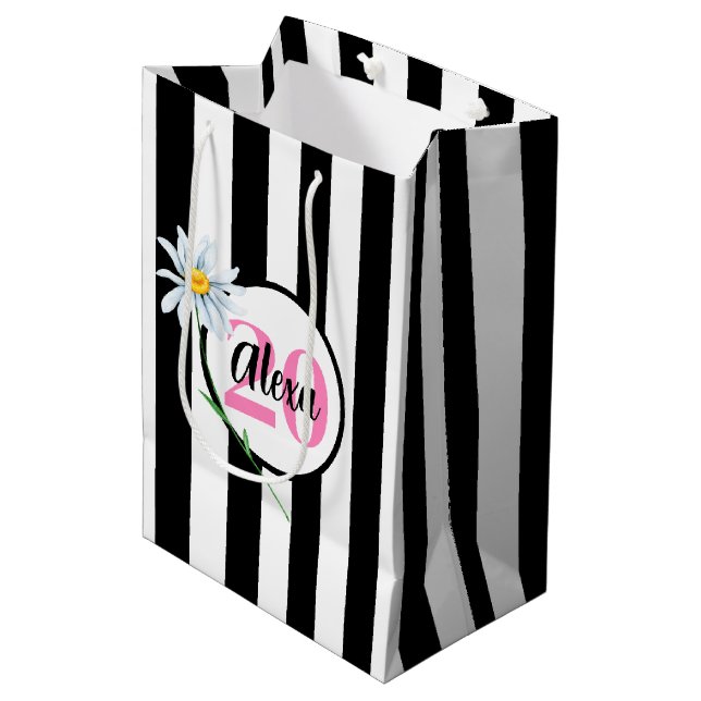 Sac Cadeau Moyen 20e anniversaire Stripes noir et blanc (Devant Angle)