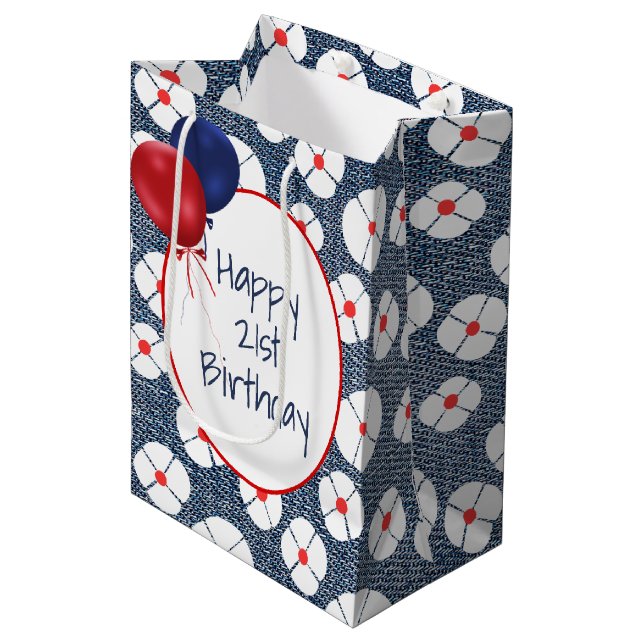 Sac Cadeau Moyen 21e ballons d'anniversaire sur Denim floral (Devant Angle)