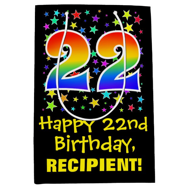 Sac Cadeau Moyen 22e anniversaire : Colorful Stars Motif & Rainbow  (Devant)