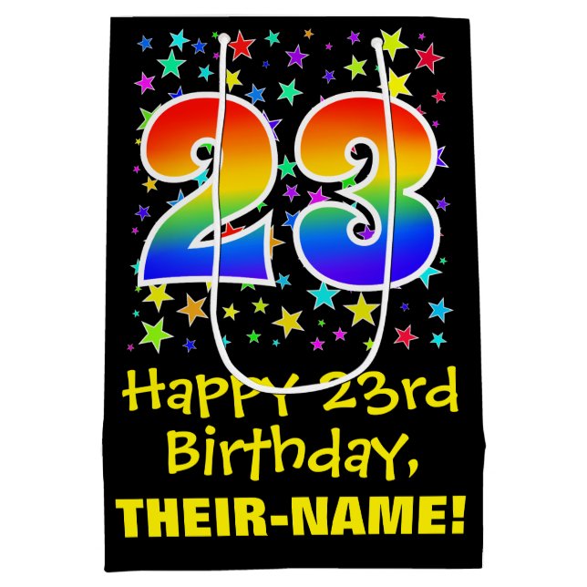 Sac Cadeau Moyen 23e anniversaire : Colorful Stars Motif & Rainbow  (Dos)